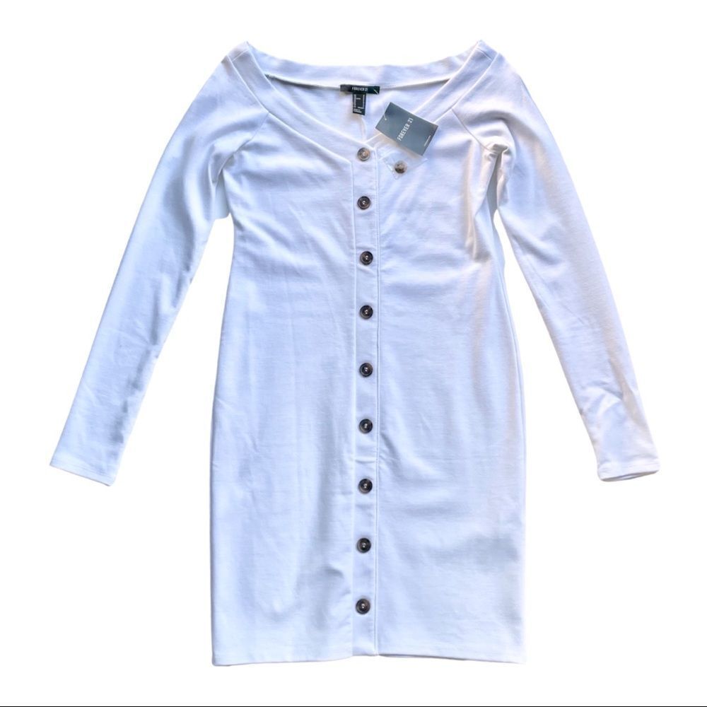 Forever 21 White V-Neck Mock Button Front Long Sleeve Sweatshirt Dress